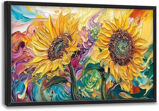 Framed Large Wall Art for Living Room, Sunflower Canvas Wall Decor, Flower Pictures Painting, Natural Landscape Artwork for Living Room Bedroom Office 36L'' × 24W''