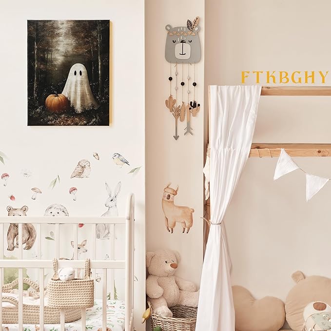 FTKBGHY Vintage Halloween Ghost Canvas Wall Art Framed, Halloween Room Decor, Spooky Ghost Pumpkin in Haunted Forest Poster Prints Wall Decorations for Bedroom Living Room Home, 11x14 Inch