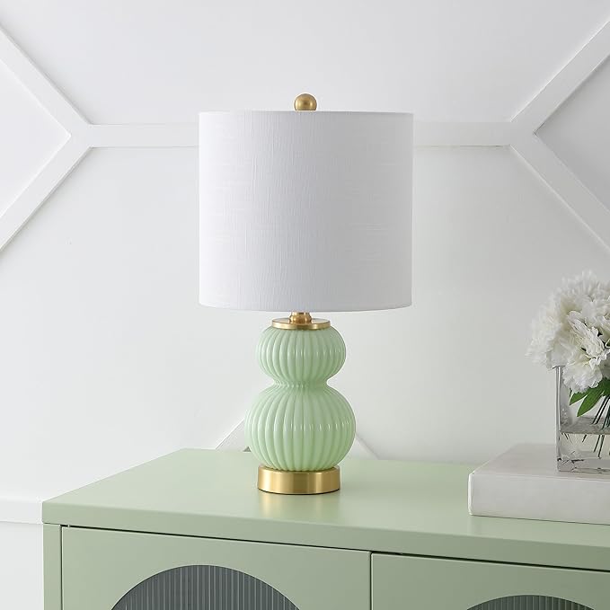 JONATHAN Y JYL1099F Daphne 20" Contemporary Transitional Metal/Glass Ribbed Gourd LED Table Lamp Bedroom, Living Room, Office, Dining Room, Mint Green/Brass Gold