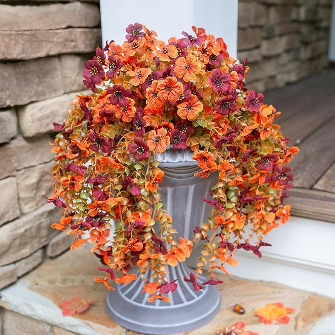 Artificial Autumn Flowers for Outdoors Fall Light Orange & Brown Daisy, Fake Hanging Decoration, 2Pcs Outside Decor, Realistic Plants, Silk Flower for Porch Patio Balcony Planter Yard