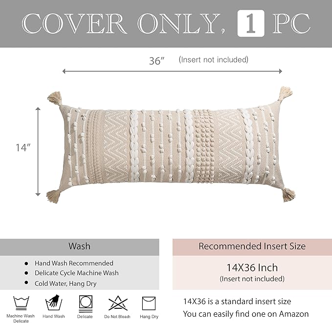 Cream Decorative Lumbar Throw Pillow Cover 14x36 Boho Long Cushion for Bed Neutral Beige White Accent Modern Farmhouse Pillowcase for Bedroom Living Room Couch Sofa Home Décor Cover ONLY