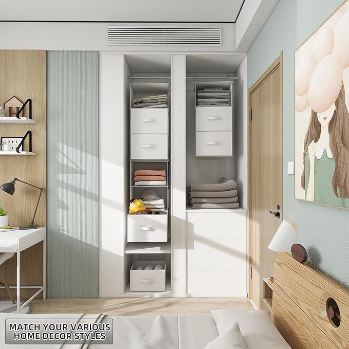 Twira 6-Shelf Hanging Closet Organizer, 2 Separable 3-Shelf Hanging Shelves, Hanging Storage with 3 Removable Drawers 4 Side Pockets, Storage Organizer for Closet, Nursery (White)