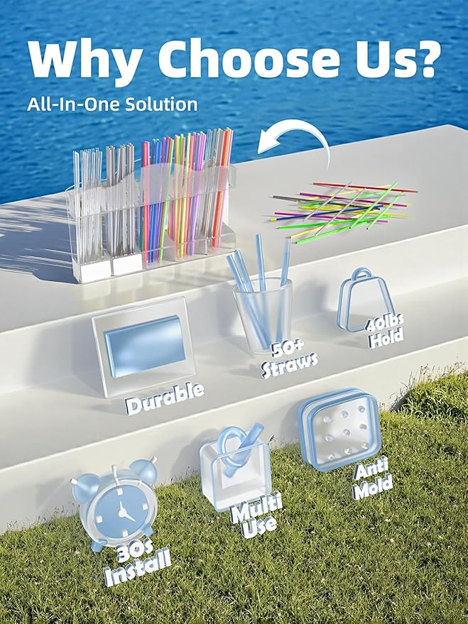 9.8" Acrylic Straw Holder for Cabinet Door - 5-Compartment Organizer with Ultra-Sticky Adhesive, Storage for Reusable Straws and Brushes, Kitchen & RV Essensials