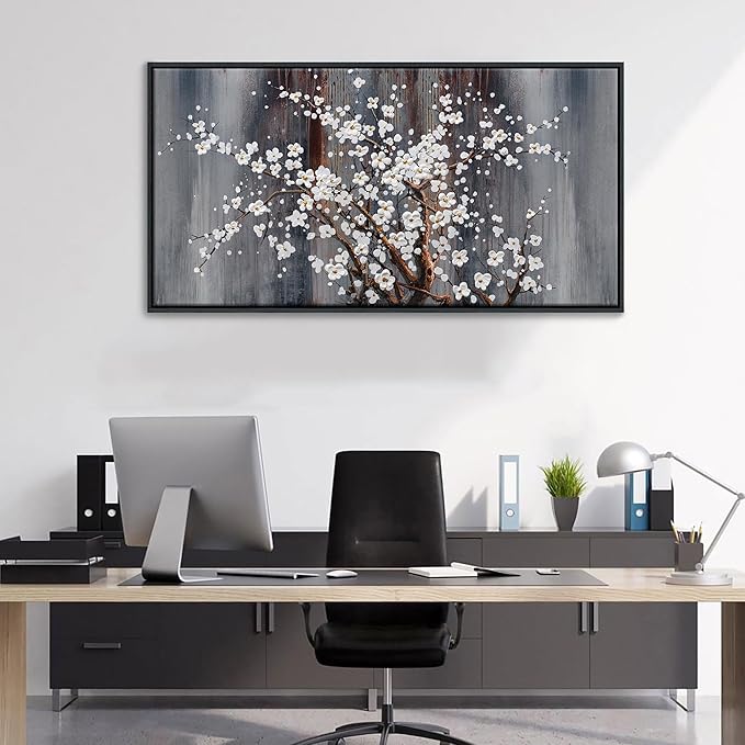Wall Art for Living Room Large Modern Wall Decor Canvas Paintings for Wall Decorations White Flower Brown Bedroom Office Artwork Plum Blossom Art Prints Framed 20×40IN