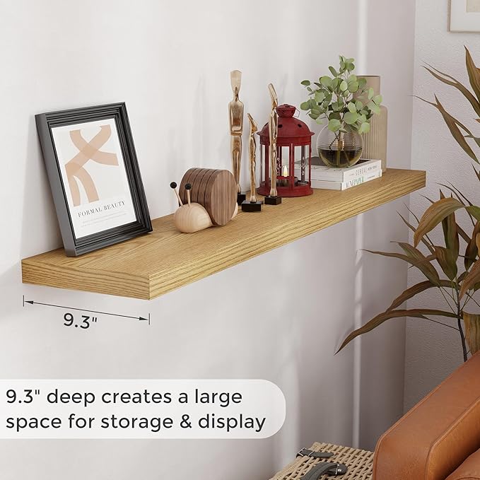 55 Inch Floating Shelves Set of 2, Rustic 55 x 9.3 Floating Shelf for Wall, 9.3 Inch Deep Wall Shelves Invisible Bracket, Large Deep Shelving for Bedroom, Kicten, Living Room, Oak Color