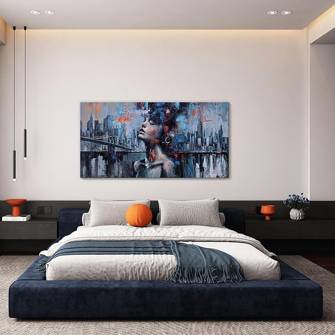 Navy Blue Abstract Wall Art Woman Picture for Living Room Modern Home Bedroom Decoration New York City Framed Cityscape Artwork Decor 24x48IN