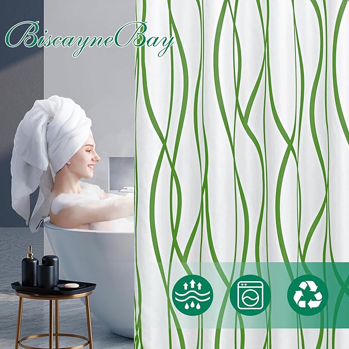 Biscaynebay Textured Fabric Shower Curtain 72x72 Inch, Sage Printed Striped Linen Modern Hotel Luxury Quality Cloth Bathroom Curtains Machine Washable
