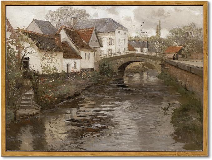 KBKBART Vintage Wall Art, Retro European Village Country Framed Canvas Art Prints Painting Farmhouse Decor, Rustic Impressionism Scenic Landscape Wall Decor for Bathroom, Bedroom Living Room, Vintage Wall Decor(12"x16")