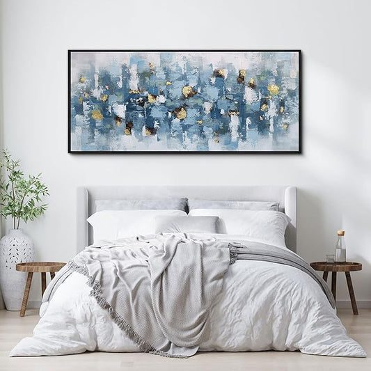 KLAKLA Blue and White Abstract Wall Art - Living Room Wall Decor Gold Picture Artwork for Walls Prints Paintings Framed Canvas Bedroom Office Guest Room Home Decoration 70x31 Inches
