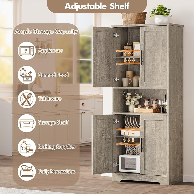 GarveeHome 70 Inch Tall Kitchen Pantry Cabinet, Freestanding Storage Cabinet with 4 Doors and Adjustable Shelves, Utility Hutch Cupboard for Dining Room, Bathroom, Living Room (Style B, Gray)