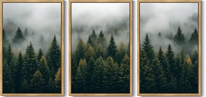 KUVIOKE Green Fog Pine Tree Landscape Framed Wall Art Nature Nordic Misty Forests Prints Morden Farmhouse Bedroom Living Room Ready to Hang 24x36in (Natural Framed)