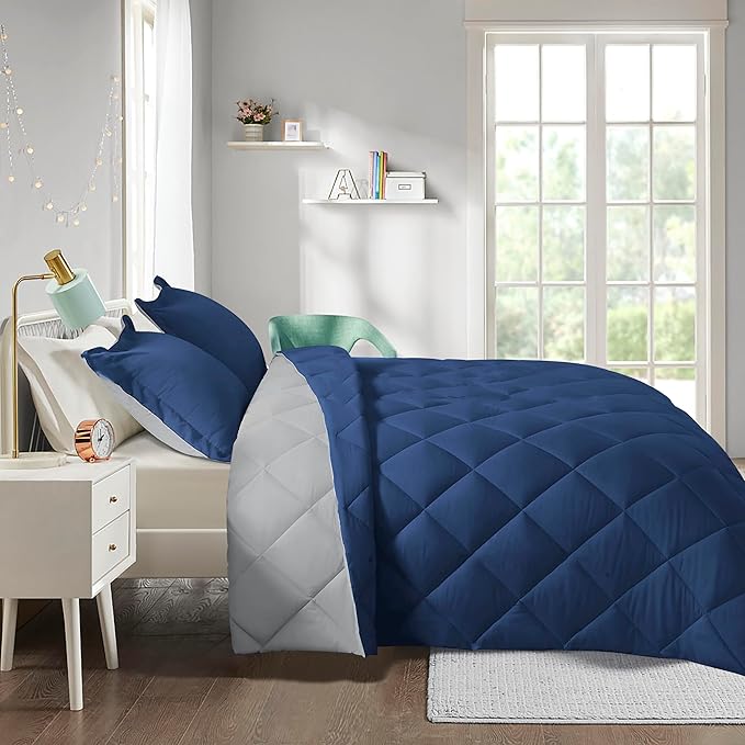 HIG 3pc Navy Queen Size Comforter Set-All Season Reversible Down Alternative Comforter with Two Shams -Quilted Duvet Insert with Corner Tabs - Diamond Stitched Blanket - Breathable, Soft, Fluffy
