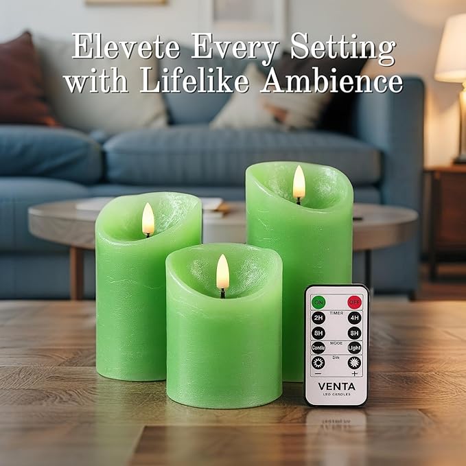 VENTA Green Real Wax Pillar Candles, Set of 3 | Battery Operated LED Candles with Remote | Fresh Spring & Nature Inspired Decor for Living Room, Spa & Botanical Themes