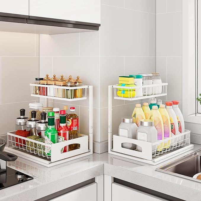 Under Sink Organizer, 2 Pack Height Adjustable Cabinet Organizer with Slide Out Drawer, Pull Out Under Sink Storage, Multi-Purpose 2 Tier Sink Shelves for Kitchen Bathroom Pantry (White, 2 Pack)