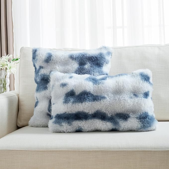 FUTEI Blue White Decorative Throw Pillow Covers 26x26 Inch Set of 2,Soft Fuzzy Faux Rabbit Fur Euro Pillow Shams with Raised Texture,Neutral Boho Home Decor for Couch Bed Living Room