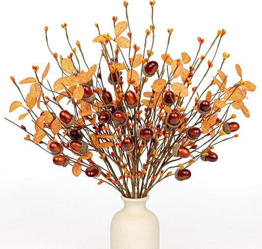 12 PCs Artifical Fall Stems 17 Inches Faux Autumn Branches Fall Floral Picks with Berry Acorn for Vase Table Centerpieces Window Living Room Indoor Decor