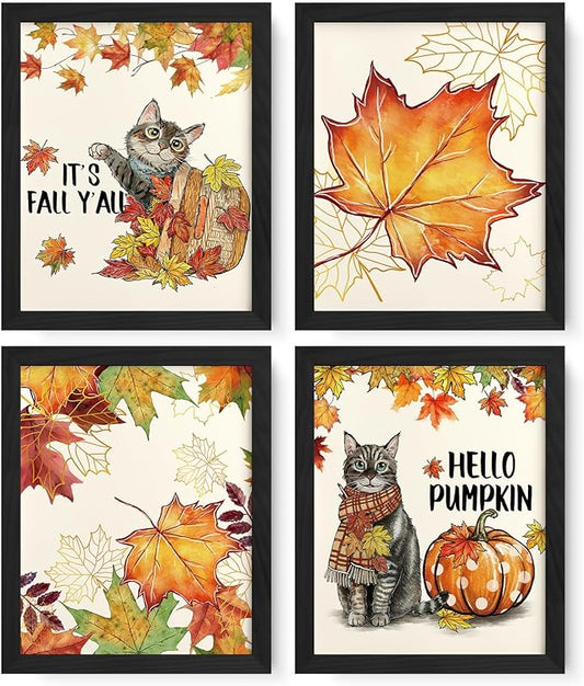 JXREQ Fall Decor Cat Decor Pumpkin Wall Art Prints, Cute Cat Maple Leaves Happy Fall Yall Posters, Rustic Fall Art Prints for Harvest Thanksgiving Kitchen Bedroom Living Room, 8x10 Inch 4Pcs Unframed