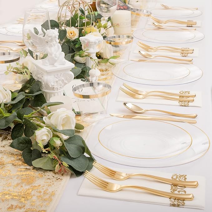Nervure 100 Pieces Clear and Gold Plastic Plates - 10.25inch Gold Dinner Plate - Heavyweight Clear Disposable Plates Ideal for Party & Wedding & Thanksgiving