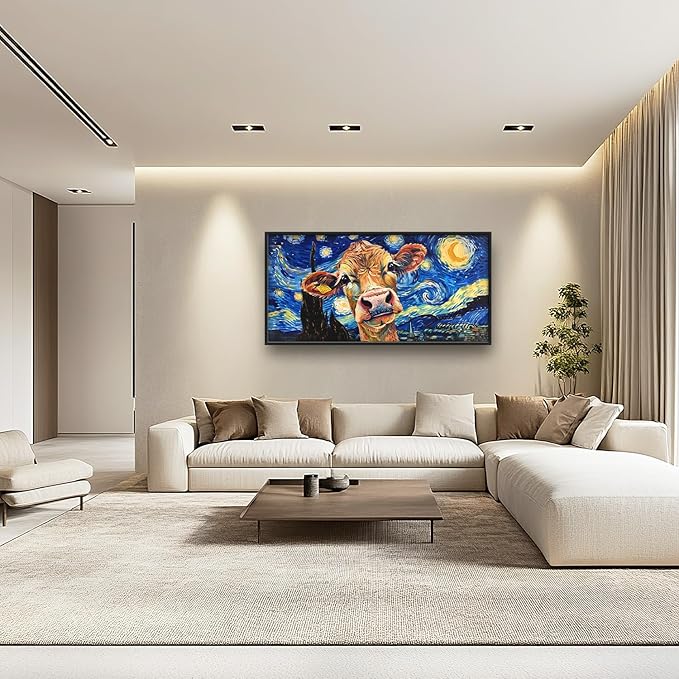 Flintis Large Cow Wall Art Starry Sky Night Cow Pictures Wall Decor Abstract Animal Canvas Painting Print Artworks Decorations Framed for Living Room Bathroom Master Bedroom Office 60L x 30W