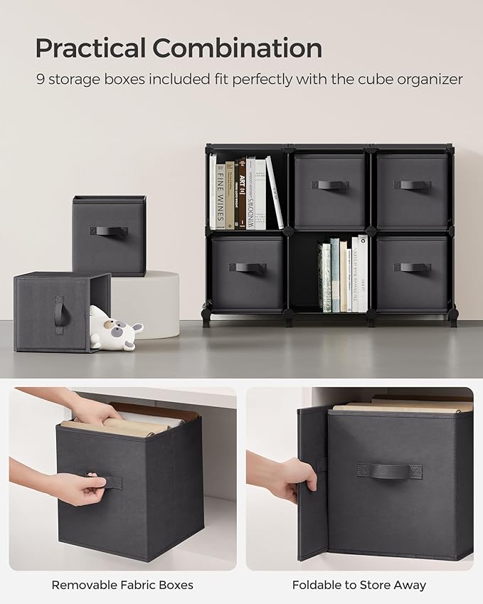 SONGMICS Cube Storage Organizer with Storage Boxes, Set of 9-Cube Organizer, 9 Collapsible Non-Woven Fabric Bins, Customizable, Space-Saving, Bedroom, Ink Black and Dove Gray ULPC092B01