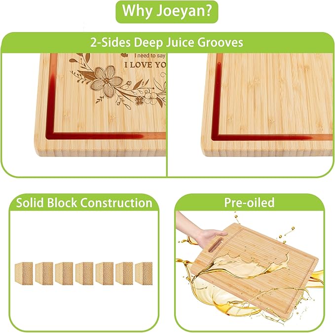 Joeyan Mom Birthday Gift from Daughter Son, Personalized Christmas Engraved Cutting Board Kitchen Present for Mother, Large Size, Heavy Duty, 16x12x0.8"