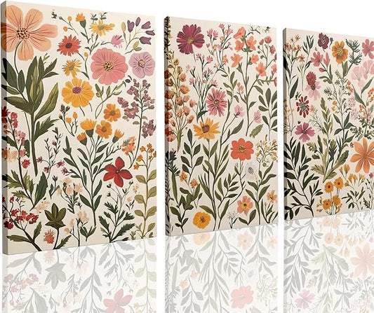 UCRAASDEB Framed Colorful Wildflowers Canvas Wall Art Set of 3 Neutral Vintage Floral Pictures Poster Farmhouse Boho Botanical Painting Prints for Living Room Nursery Bedroom 16'' x 12''