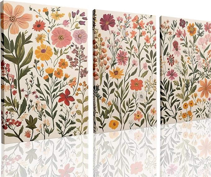 UCRAASDEB Framed Colorful Wildflowers Canvas Wall Art Set of 3 Neutral Vintage Floral Pictures Poster Farmhouse Boho Botanical Painting Prints for Living Room Nursery Bedroom 16'' x 12''