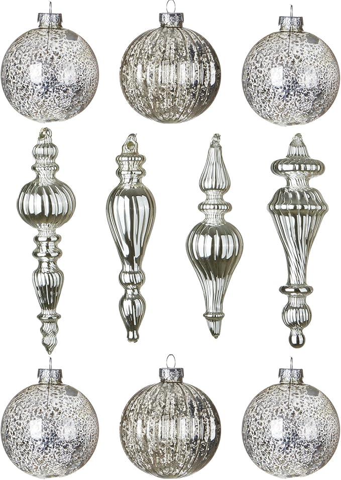 Mercury Glass Christmas Ornaments Silver Hanging Balls with Different Shapes for Xmas Tree Decor,Vintage Finials Luxury Christmas Decoration Hanging Bauble for Neutral Holiday Winter Wedding-Set Of 10