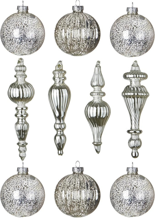 Mercury Glass Christmas Ornaments Silver Hanging Balls with Different Shapes for Xmas Tree Decor,Vintage Finials Luxury Christmas Decoration Hanging Bauble for Neutral Holiday Winter Wedding-Set Of 10