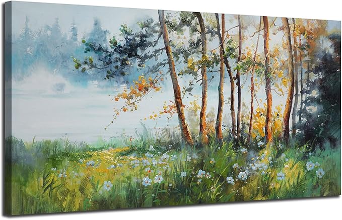 Ardemy Tree Wall Art Canvas for Living Room Landscape Textured Green Forest Painting Nature Flower Picture Bedroom Teal Scenery Artwork Framed Kitchen Home Office Wall Decor, Extra Large 58"x29"