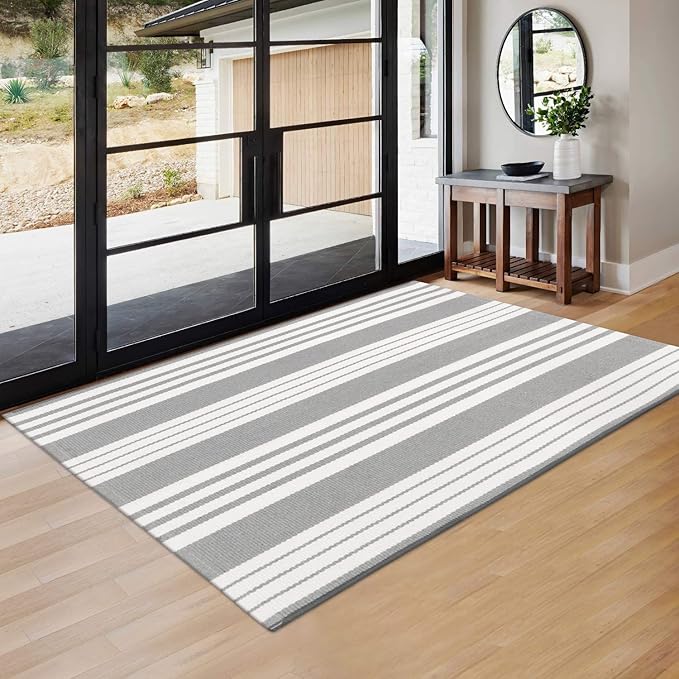 OJIA Entryway Rug 3'x5' Cotton Hand Woven Fall Front Door Mat Halloween Doormat Machine Washable Outdoor Rugs Grey and White Striped Entry Rug Porch Rugs for Farmhouse/Bedroom/Home Entrance Decor