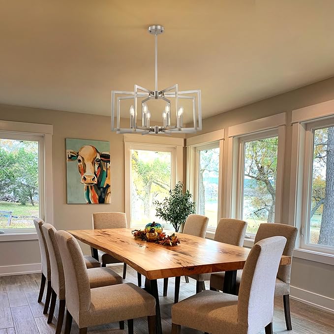 8-Light Large Brushed Nickel Chandeliers for Dining Room，Modern Industrial Pendant Lights Kitchen Island，Farmhouse Entryway Light Fixtures，Metal Geometric Chandelier for Living Room
