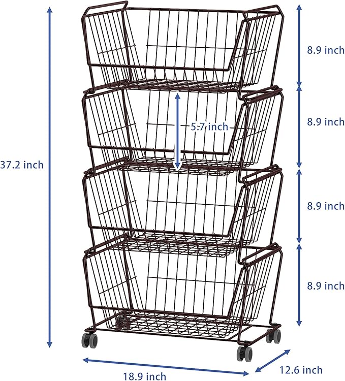 PUSDON 4-Tier Stackable Metal Storage Baskets, Anti-Rust Fruit Vegetable Rack, Dual Use Shelf for Kitchen, Home & Office, Bronze