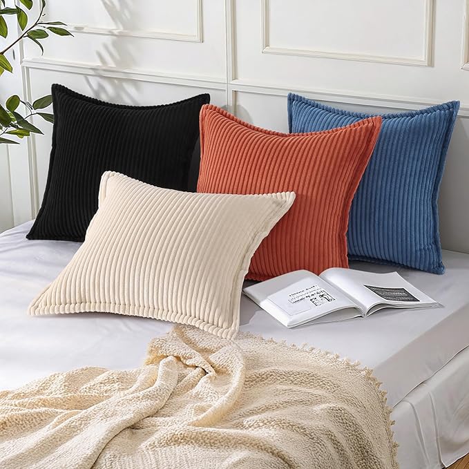 Mecatny Corduroy Throw Pillow Covers 26x26 Set of 2, Neutral Decorative Soft Boho Couch Pillow Covers with Broadside for Sofa Living Room, Black