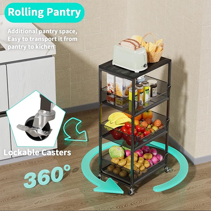 HapiRm Fruit Basket Kitchen Cart - 4-Tier Rolling Storage Cart with Wheels, Fruit Vegetable Basket with Wood Top, Pantry Utility Kitchen Organizer for Fruit Potato Onion Vegetable Bread Snack