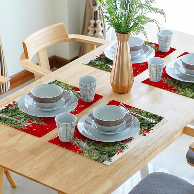 Snowman Placemats 12×18 Inches Set of 4 Holiday Trees Indoor Kitchen Dining Table Place Mats for Home Party Decoration