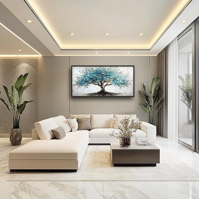 Flintis Large Tree of Life Framed Wall Art Teal Blue Tree Pictures Wall Decor Abstract Natural Landscape Canvas Painting Print Artworks Framed for Living Room Bathroom Master Bedroom 60L X 30W