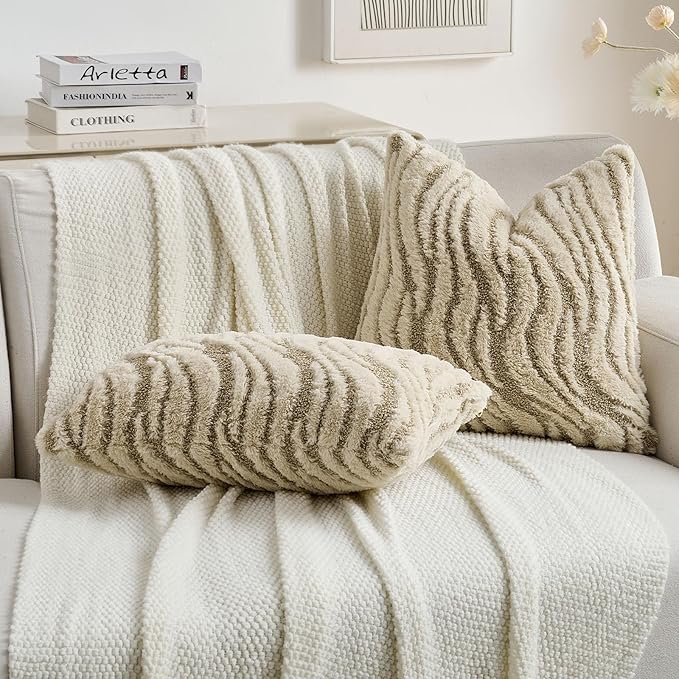 FUTEI Beige Decorative Throw Pillow Covers 24x24 Inch Set of 2,Soft Faux Fur Geometric Shapes Texture European Cushion Case,Boho Home Decor for Couch Bed Living Room