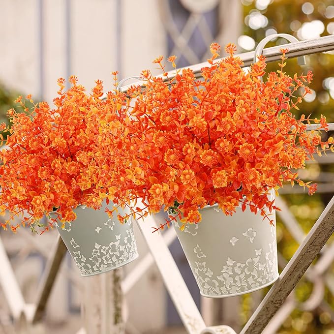 Agusbagli 10Pcs Artificial Fall Flowers Outdoor Autumn Fake Daisy Flowers UV Resistant Faux Plastic Greenery Shrub Plants for Wedding Home Garden Window Box Fireplace Thanksgiving Decor Orange