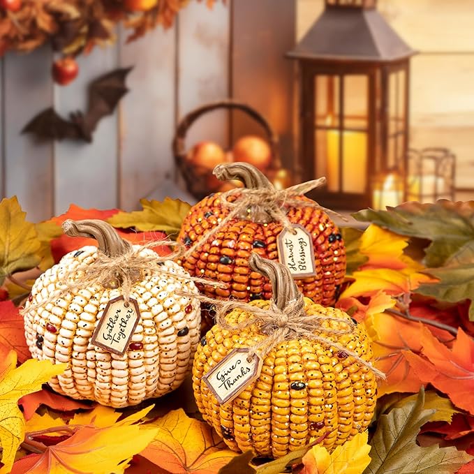 Briful Pumpkins Fall Decoration, 3PCS Decorative Corn Cob Pumpkins Resin Fake Pumpkins Autumn Home Rustic Decor for Thanksgiving Harvest Halloween Table Centerpieces Shelf Indoor Outdoor Porch