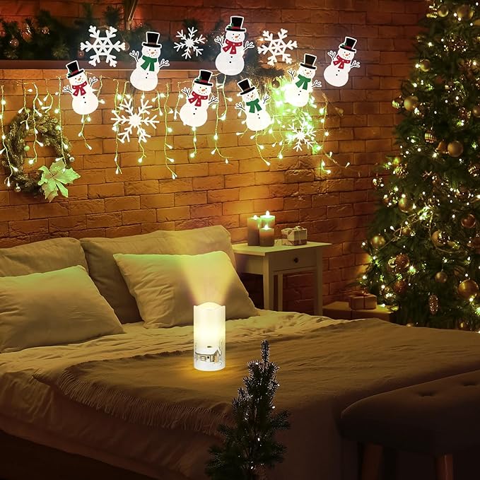 Christmas Flameless Candle Snowflake Snowman Projector Light Colorful LED Candle Battery Operated Night Light with Remote and Timer Indoor Bedroom Home Decor for Christmas Party Gift Decor