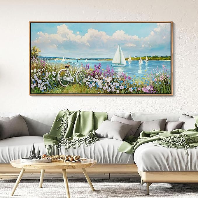 Coastal Wall Art Sailboat Beach Canvas Wall Decor Flower & Landscape Paintings Farmhouse Decor Blue Artwork for Living Room Bedroom Home Office Large Framed Ocean Pictures Wall Decor24×48IN