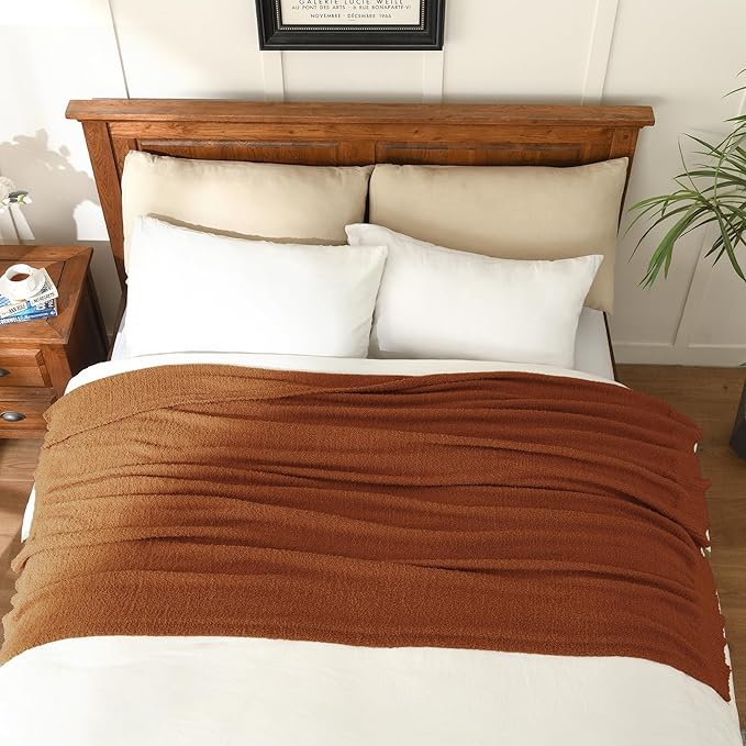 Knit Throw Blanket Super Soft Warm Blanket for Couch Lightweight Fluffy Blanket for Bed Sofa 50x60 Inches Rust