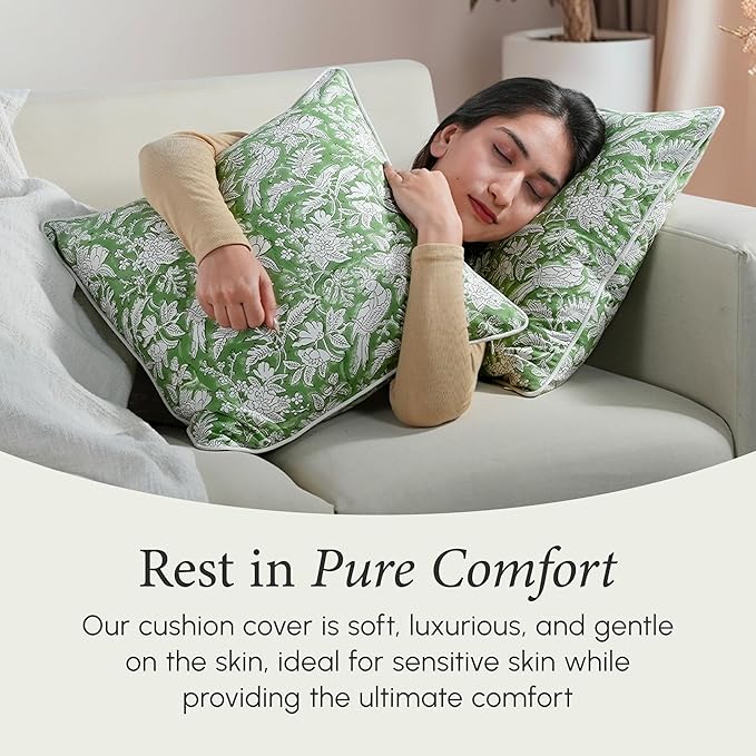 CPC 100% Cotton Throw Pillow Covers 16X16 Green Block Print Pattern Couch Pillow, Cute Boho Decorative Pillows for Living Room, Bedroom with Hidden Zipper- Olive Green