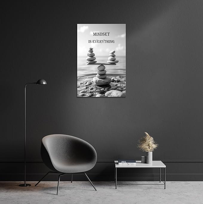 YIOZHAOFH Mindset Wall Art for Zen Office Inspirational Pictures Wall Decor Motivational Quotes Canvas Art Black and White Landscape Nature Print Poster Painting Framed for Meditation Spa Room Bedroom (16L x 24W)