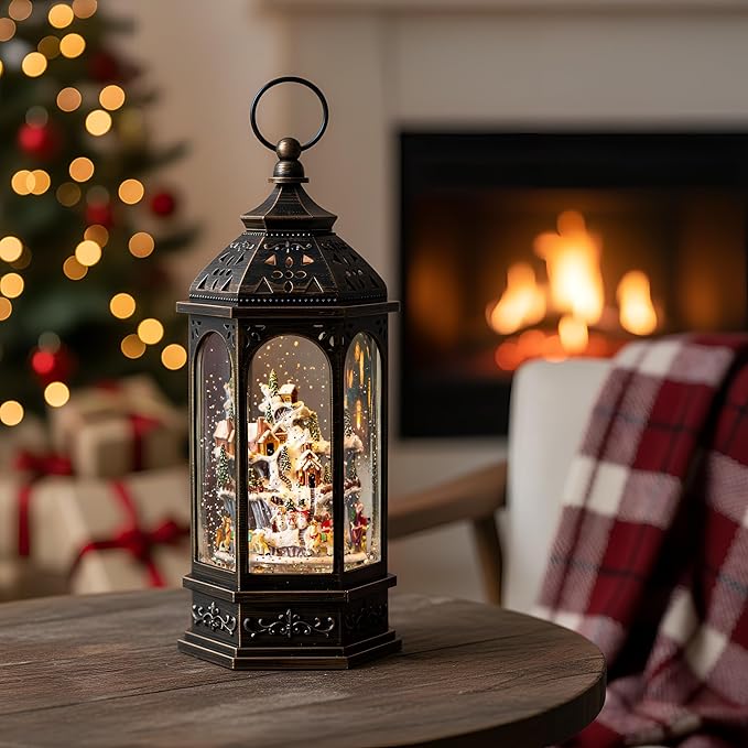 Animated Christmas Village Buildings with Moving Figurines Lighted Water Lantern, USB Lined/Battery Operated Snow Globe for Christmas Festival Decoration Gifts