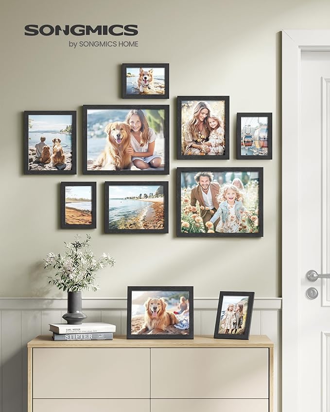 SONGMICS Picture Frames, Collage Picture Frames Set of 10, Two 11x14, Four 8x10, Four 5x7, Photo Frame for Wall Gallery Decor, Table Display, Glass, Ink Black URPF110B01