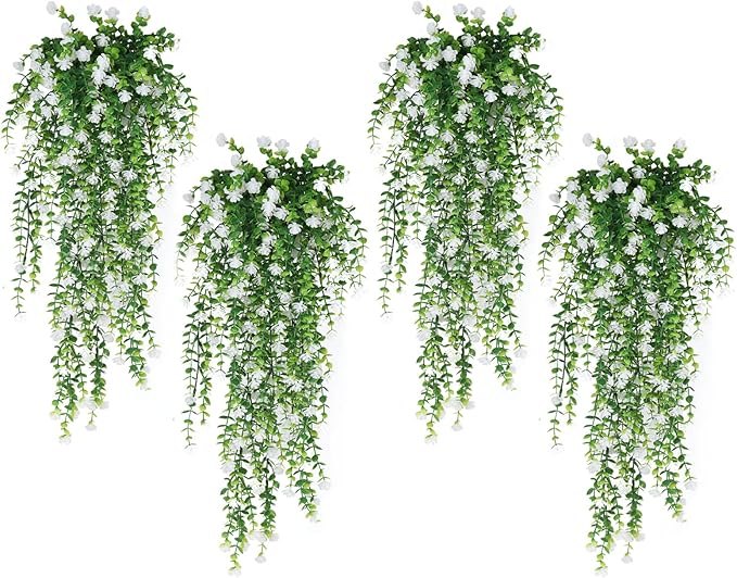 SJL 4pcs Fake Hanging Plants Realistic Artificial Outdoor Flowers Hanging Greenery Artificial Ivy Vine Leaves Faux Green Plastic Plants Greenery Flowers Green Leaf Decor for Wall Home (White)