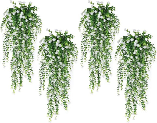 SJL 4pcs Fake Hanging Plants Realistic Artificial Outdoor Flowers Hanging Greenery Artificial Ivy Vine Leaves Faux Green Plastic Plants Greenery Flowers Green Leaf Decor for Wall Home (White)