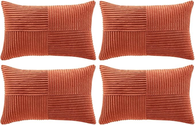 Fancy Homi Set of 4 Burnt Orange Lumbar Decorative Throw Pillow Covers 12x20 Inch for Living Room Couch Bed, Boho Farmhouse Fall Home Decor, Soft Corduroy Cross Patchwork Cushion Case 30x50 cm